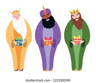 Hand drawn vector illustration of three kings of orient with gifts. Isolated objects on white background. Flat style design. Concept, element for Epiphany card, banner.