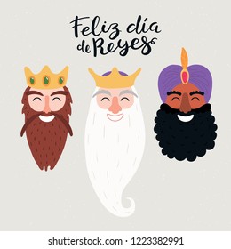 Hand drawn vector illustration of three kings portraits, with Spanish quote Feliz Dia de Reyes, Happy Kings Day. Isolated objects on gray. Flat style design. Concept, element for Epiphany card, banner