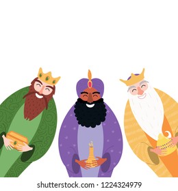 Hand drawn vector illustration of three kings of orient with gifts. Isolated objects on white background. Flat style design. Concept, element for Epiphany card, banner.