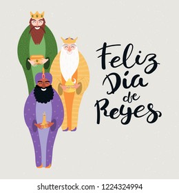 Hand drawn vector illustration of three kings of orient with gifts, Spanish lettering quote Feliz Dia de Reyes, Happy Kings Day. Flat style design. Concept, element for Epiphany card, banner.