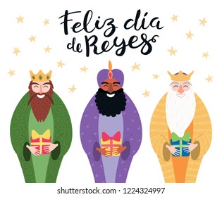 Hand drawn vector illustration of three kings with gifts, Spanish quote Feliz Dia de Reyes, Happy Kings Day. Isolated objects on white. Flat style design. Concept, element for Epiphany card, banner.