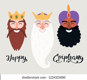 Hand drawn vector illustration of three kings of orient portraits, with lettering quote Happy Epiphany. Isolated objects on gray background. Flat style design. Concept, element for card, banner.