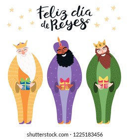 Hand drawn vector illustration of three kings with gifts, Spanish quote Feliz Dia de Reyes, Happy Kings Day. Isolated objects on white. Flat style design. Concept, element for Epiphany card, banner.