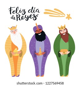 Hand drawn vector illustration of three kings with gifts, Spanish quote Feliz Dia de Reyes, Happy Kings Day. Isolated objects on white. Flat style design. Concept, element for Epiphany card, banner.