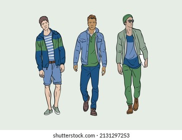 Ilustración vectorial dibujada por mano de tres modelos de moda masculina casual