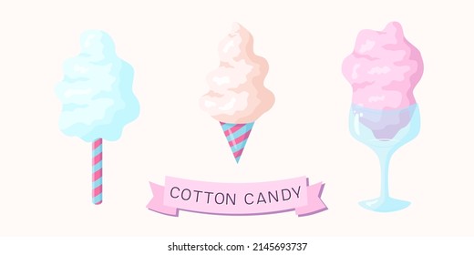 Hand drawn vector illustration with three color cotton candy cones for billboard, decor, business card, invitation, flyer, sign, advertising, poster, banner, print, label, pattern, template, design
