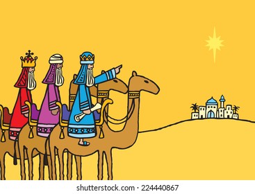 A hand drawn vector illustration of the three wise men following a star.