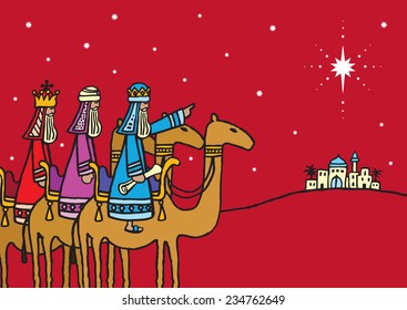 A hand drawn vector illustration of the three wise men following the star.