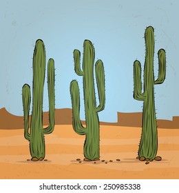 Hand drawn vector illustration. Three Mexican cactuses. Mexican landscape in the background.