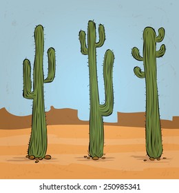Hand drawn vector illustration. Three Mexican cactuses. Mexican landscape in the background.