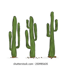 Hand drawn vector illustration. Three Mexican cactuses. Isolated on white.