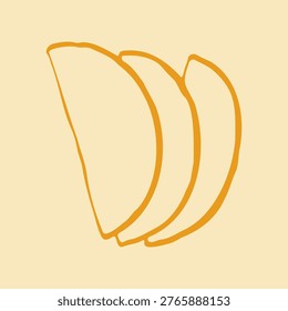 Hand drawn vector illustration of three fresh provolone or cheddar cheese slices. Simple doodle graphic of dairy product pieces for sandwich or healthy snack concepts
