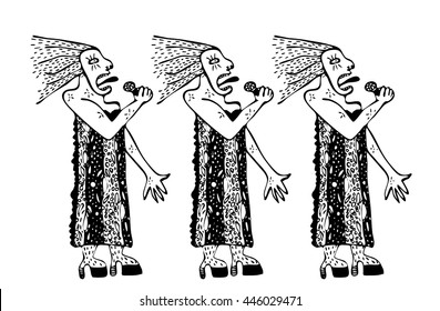 Hand drawn vector illustration three singing women on white background. Black and white. Singer.