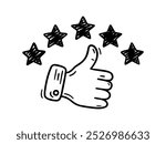 A hand drawn vector illustration of a thumbs up with five stars, representing a high rating or positive feedback. Perfect for reviews, testimonials, or business marketing materials.