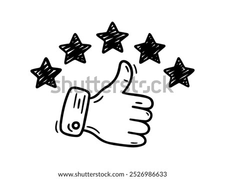 A hand drawn vector illustration of a thumbs up with five stars, representing a high rating or positive feedback. Perfect for reviews, testimonials, or business marketing materials.