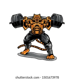 Hand drawn Vector Illustration Tiger Weightlifting