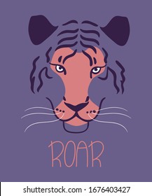 Hand drawn vector illustration of a tiger with the inscription quote roar. Isolated objects.