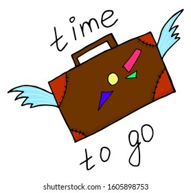 Hand drawn vector illustration - It's time to go. Fashionable suitcase with wings. A trip to the world. Perfect for invitations, greeting cards, print, flyers, posters, etc.