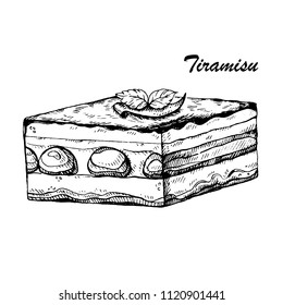 Hand drawn vector illustration of Tiramisu- traditional Italian dessert with mascarpone and coffee.