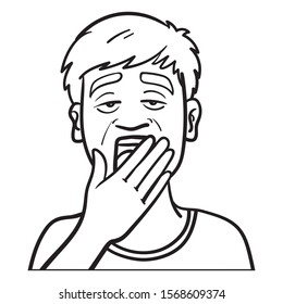 Hand drawn vector illustration of a tired and bored boy holding his hand over his mouth and yawning. outline, monochrome.