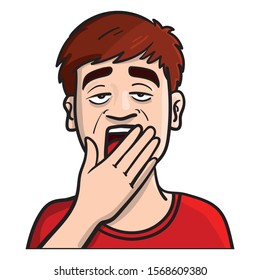 Hand drawn vector illustration of a tired and bored boy holding his hand over his mouth and yawning. outline, colorful, red, brown.