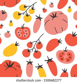 hand drawn vector illustration of tomato cooking ingredient in modern sketch hanndrawn style. Colorful seamless pattern of vegetable, good for fabric textile print or wrapping paper.
