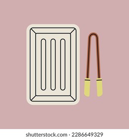 Hand drawn vector illustration of tongs and tray for chemicals: developer, stop bath, fixer. Tongs are used to handle photos. Dark room supplies. Retro film development and photo printing tools.