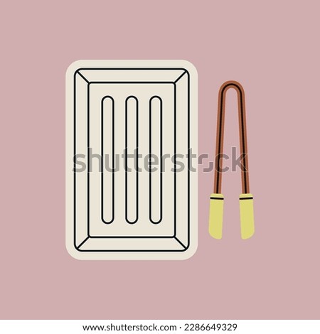 Hand drawn vector illustration of tongs and tray for chemicals: developer, stop bath, fixer. Tongs are used to handle photos. Dark room supplies. Retro film development and photo printing tools.