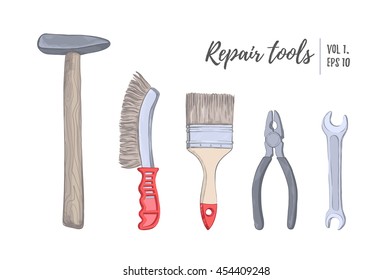 Hand drawn vector illustration - tools (hammer, brush, pliers, wrench), vol.1. Building, repair and decoration works. Sketch. Design elements