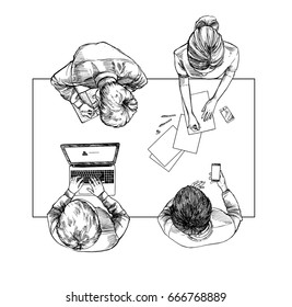 Hand drawn vector illustration. Top view: Business conversation at the table with businessmens. Concept clipart in sketch style. Perfect for presentations, magazins, prints, posters etc 