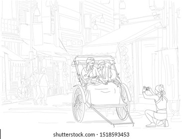 Hand drawn vector illustration. A tourist couple makes a peace sign while their rickshaw driver takes their photograph, while on a tour of the historic Asakusa neighborhood.