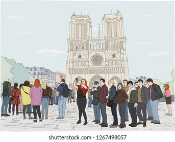 Hand drawn vector illustration. Tourists in Paris enjoy the day, waiting in line in front of the famous Notre Dame Cathedral.