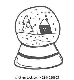 Hand drawn vector illustration of Toy glass snow globe with winter kid inside. Winter decorative pattern - new year, child, ball.