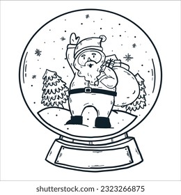 Hand drawn vector illustration of Toy glass snow globe with winter tree inside. Coloring book page for children. Winter decorative pattern. snow globe with snowman. Coloring book page for adults
