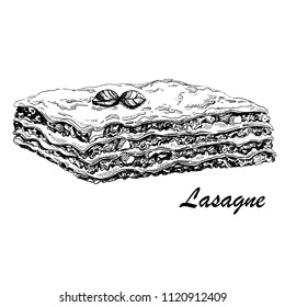 Hand drawn vector Illustration of traditional Italian beef lasagne.Italian cuisine.Sketch. Can be used for menu, cafe, restaurant,