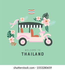 Hand drawn vector illustration of traditional asian taxi tuk tuk decorated with tropical flowers