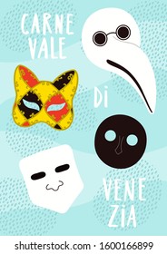 Hand drawn vector illustration with traditional Venetian carnival masks bauta, gnaga, moretta, doctor plague, Italian text Carnevale di Venezia. Flat style design. Concept for poster, flyer, banner.