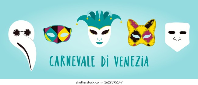 Hand drawn vector illustration with traditional Venetian carnival masks arlecchino, bauta, doctor plague, Italian text Carnevale di Venezia. Flat style design. Concept carnival poster, flyer, banner.