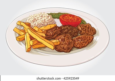 Hand drawn vector illustration of traditional Turkish Kofta, Turkish Meatballs; with French fries, grilled tomato, grilled green pepper and rice.