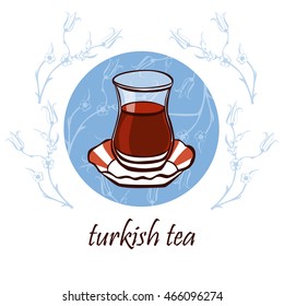 Hand drawn vector illustration with traditional turkish glass of tea named bardak on an authentic plate. Isolated doodle object on blue circle with floral ornament of tulips in ottoman style. 