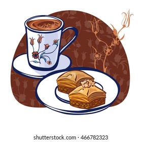 Hand drawn vector illustration of traditional turkish dessert baklava and coffee in authentic cup with oriental floral ornament with ottoman tulips. Poster, card or flyer design. 
