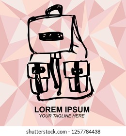 Hand Drawn Vector Illustration of Travel School Bag with Rose Gold Pink Background. Doodle, Sketch, Ink, Brush for Template, Icon, Logo.