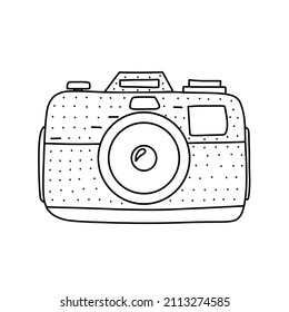 Ilustración vectorial dibujada a mano de una cámara de viaje. Ilustración corta del icono de la cámara en un fondo blanco.