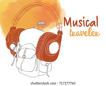 Hand drawn vector illustration of travelers backpack with big earphones. Musical traveler.