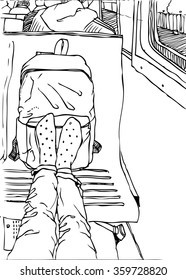 Hand drawn vector illustration of traveller with backpack inside train with landscape from window. Touristic sketch of legs . On the road. Black and white 