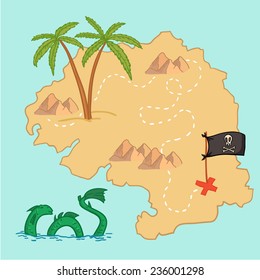 Hand drawn vector illustration - treasure map and design elements (mountains,   palm, dragon, sea etc.)