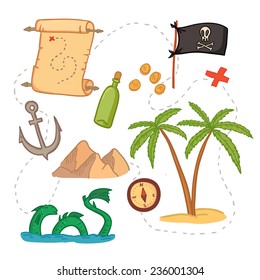 Hand drawn vector illustration - treasure map and design elements (mountains,   palm,compass, anchor etc.)