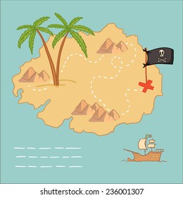 Hand drawn vector illustration - treasure map and design elements (mountains,   palm,ship, flag)