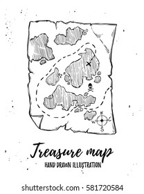 Hand Drawn Vector Illustration - Treasure Map. Design Elements In Sketch Style. Perfect For Brochures, Flyers, Posters, Cards, Prints