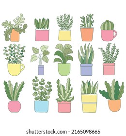 Hand drawn vector illustration of tree plant and cactus set on white background